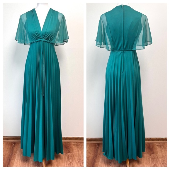 Vintage Dresses & Skirts - Vintage Mid Century Teal Chiffon Cape Pleated Formal Goddess Maxi Dress Gown